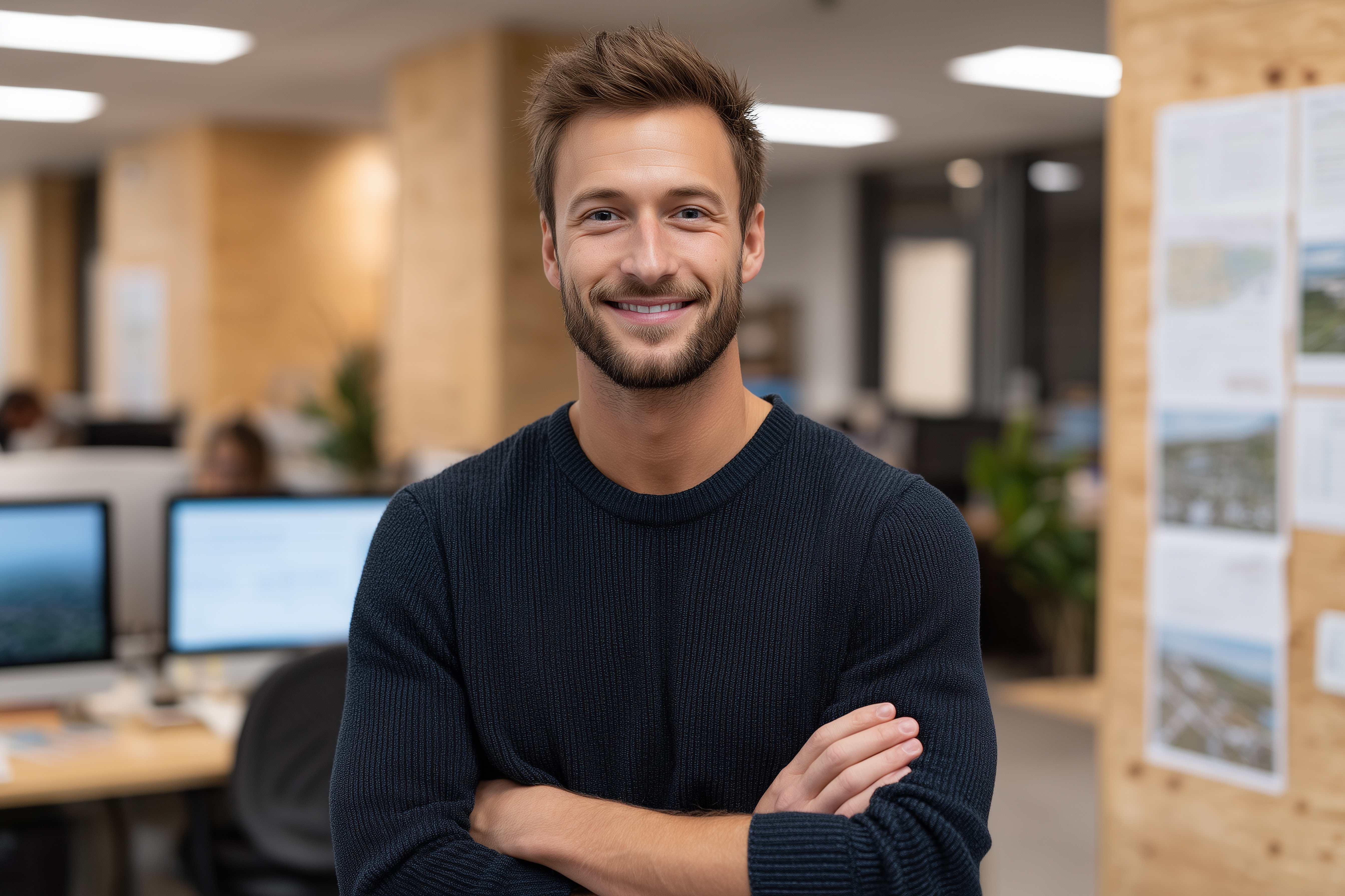 Porträt eines professionell wirkenden, lächelnden Mannes in einem modernen Büro. Erfolgreicher Mitarbeiter an seinem Arbeitsplatz. Kreativer Angestellter mit verschränkten Armen als Ausdruck beruflichen Erfolgs.